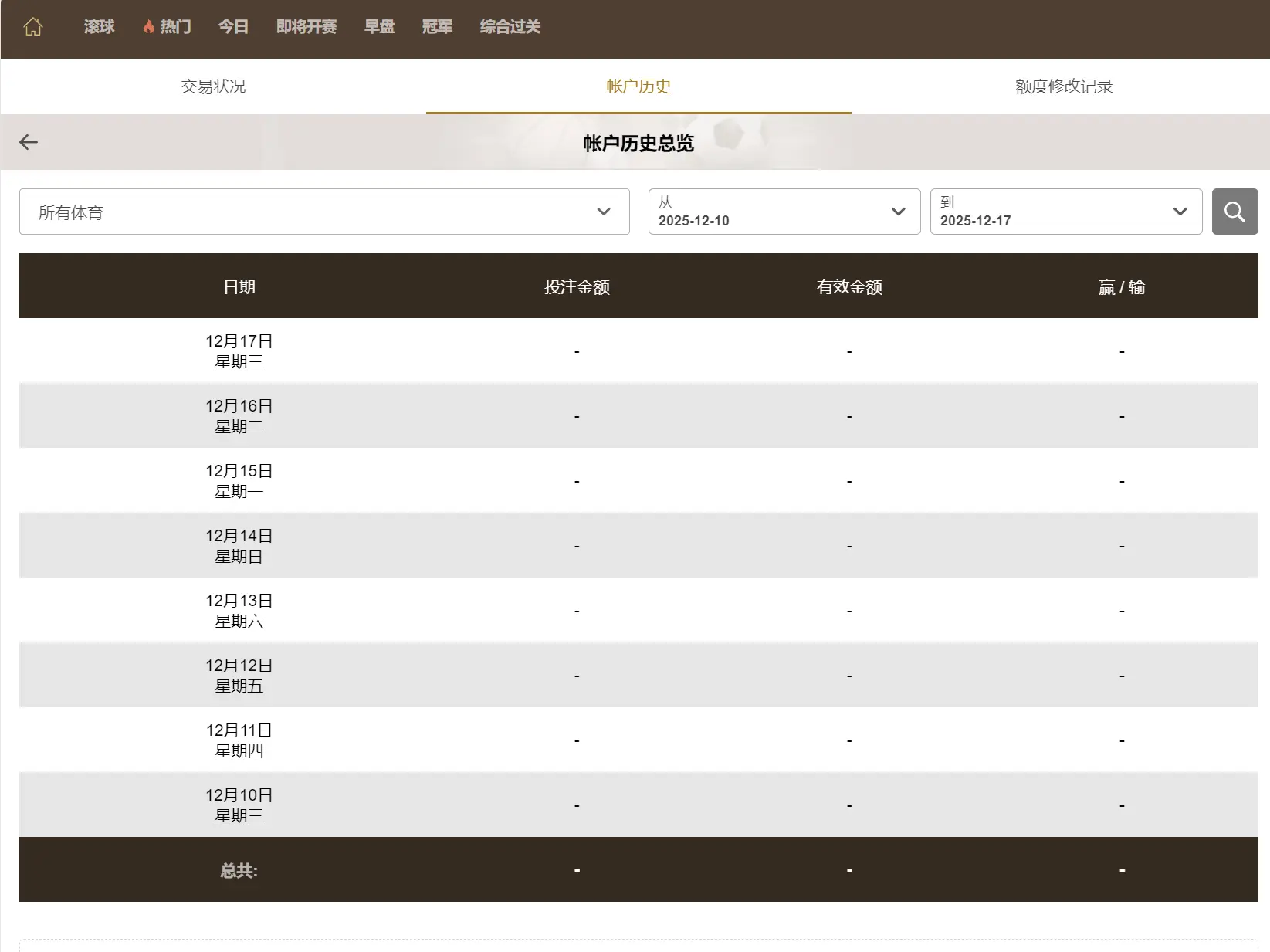 皇冠体育投注历史页面展示周内注单记录与累计输赢的典型前台形态