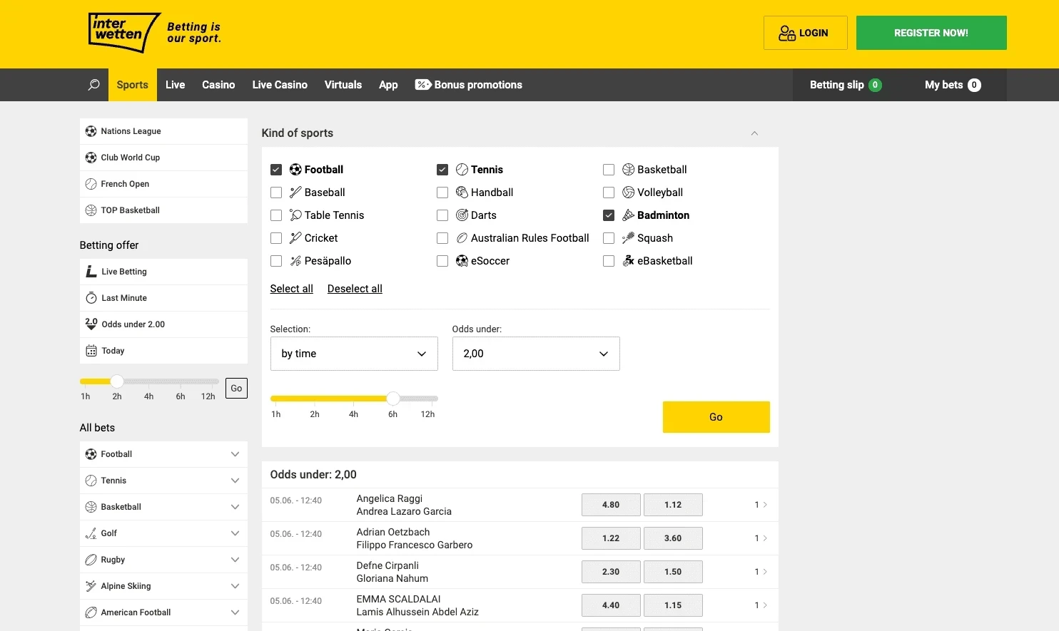 Interwetten 体育投注界面展示赛事列表、欧赔盘口与投注区布局