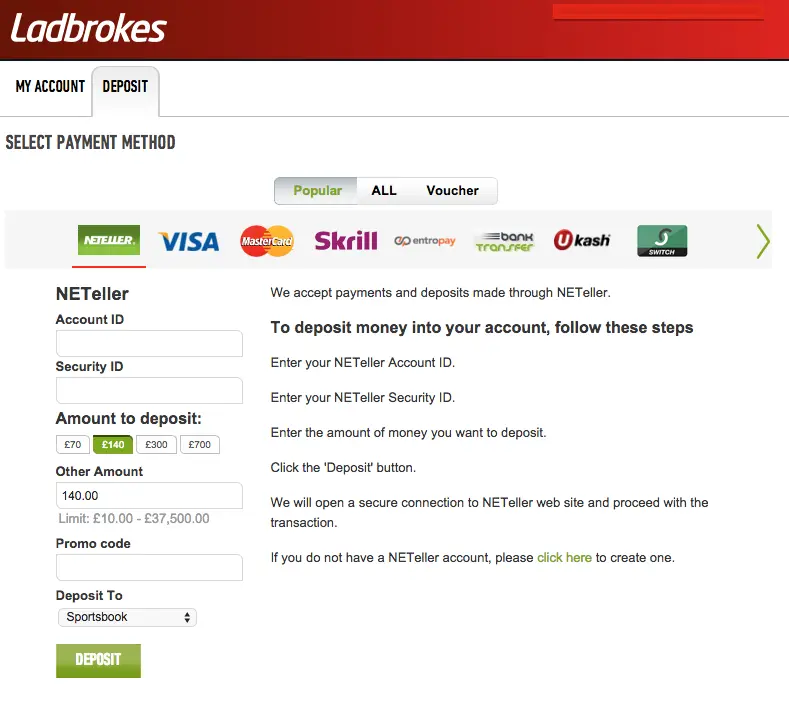 Ladbrokes 存款流程与支付页面