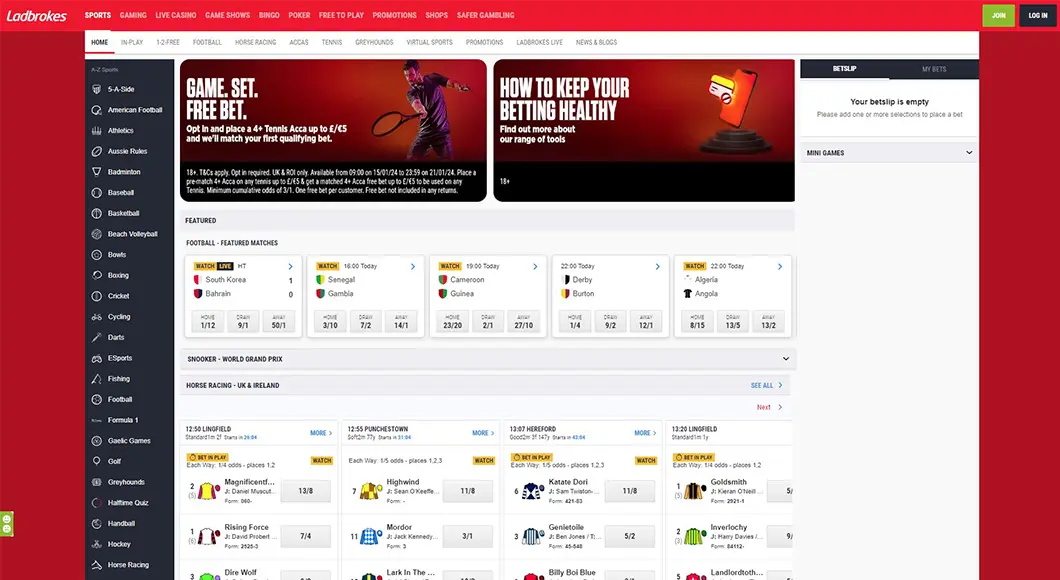 Ladbrokes 体育玩法与赛事投注页面