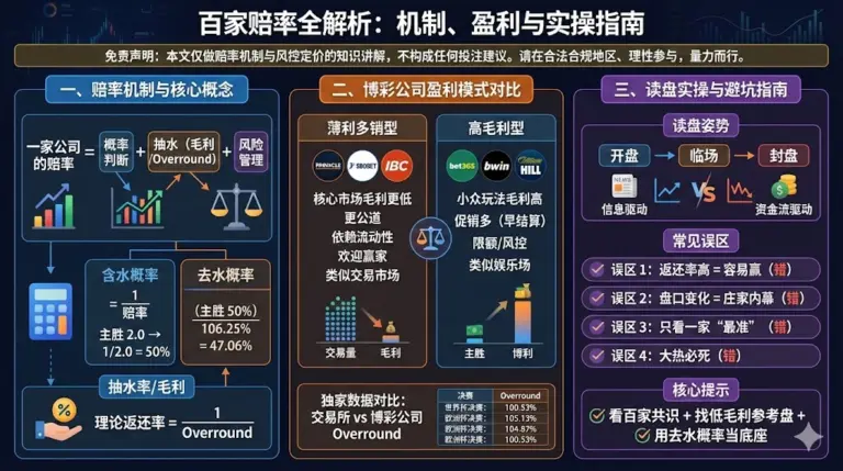 百家赔率怎么看？返还率、抽水率、毛利全解析：博彩公司盈利模式 + 欧赔亚盘实操