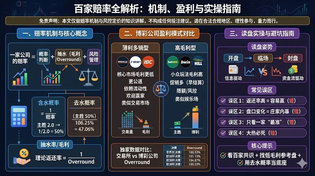 百家赔率怎么看?返还率、抽水率、毛利全解析:博彩公司盈利模式 + 欧赔亚盘实操