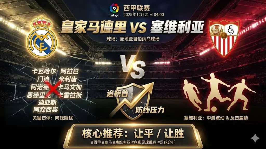 【西甲联赛】皇马 vs 塞维利亚｜防线伤停拖累主场稳定性，但追分战意更偏让胜