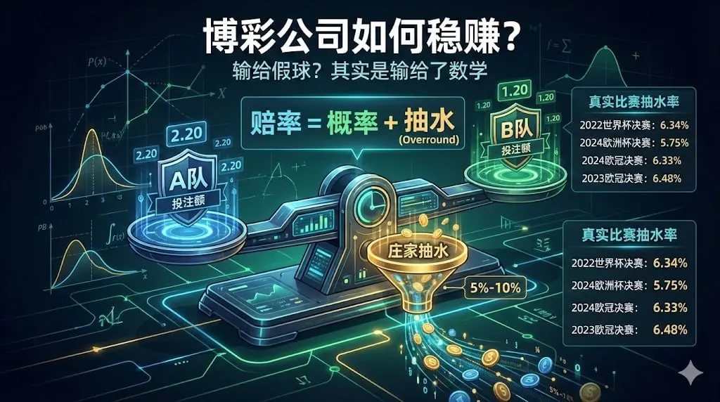 博彩公司如何稳赚?从赔率、盘口到抽水(Overround):用真实比赛把"庄家税"算明白