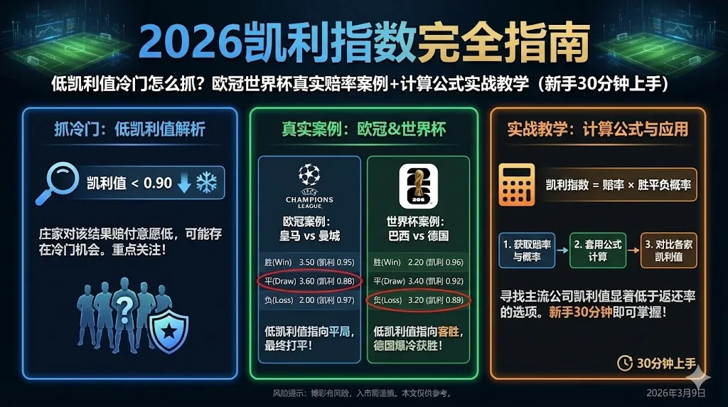 2026凯利指数完全指南：低凯利值冷门怎么抓？欧冠世界杯真实赔率案例+计算公式实战教学（新手30分钟上手）