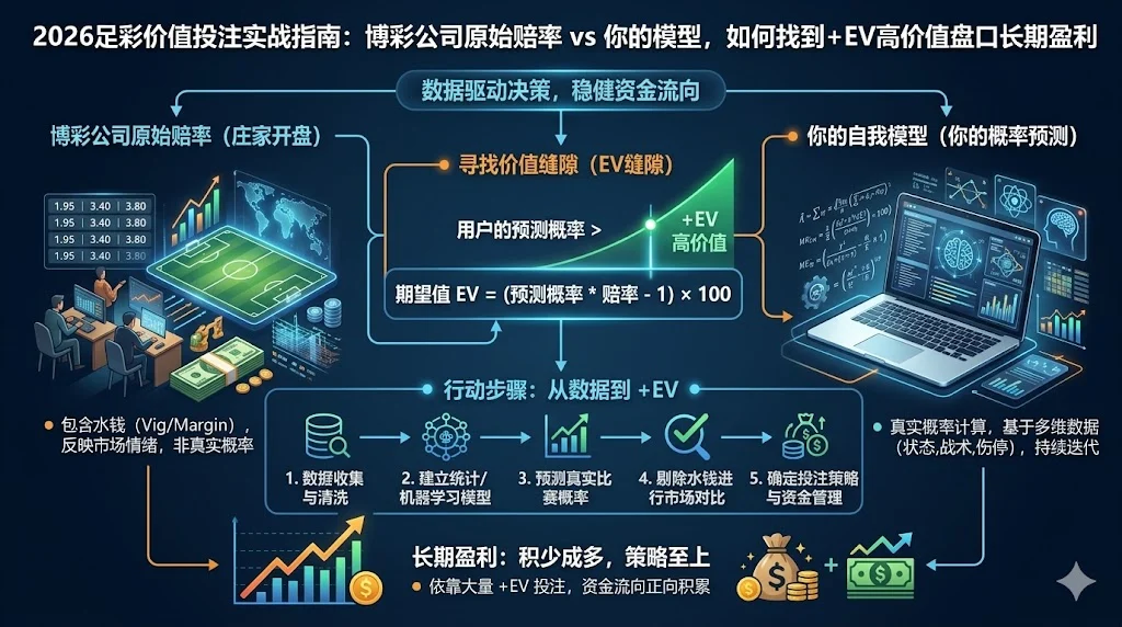 2026足彩价值投注实战指南：博彩公司原始赔率 vs 你的模型，如何找到+EV高价值盘口长期盈利