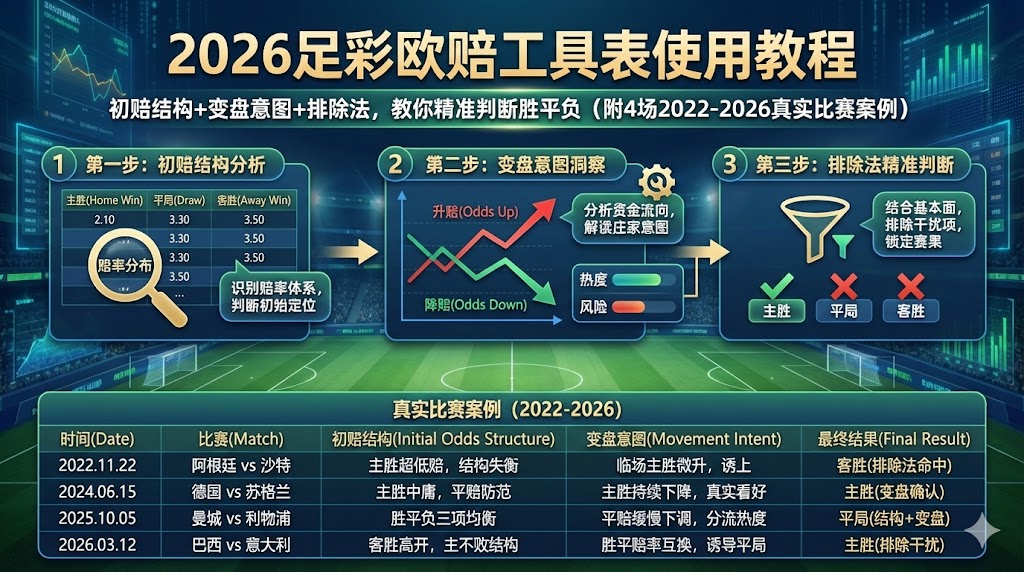 2026足彩欧赔工具表使用教程：初赔结构+变盘意图+排除法，教你精准判断胜平负（附4场2022-2026真实比赛案例
