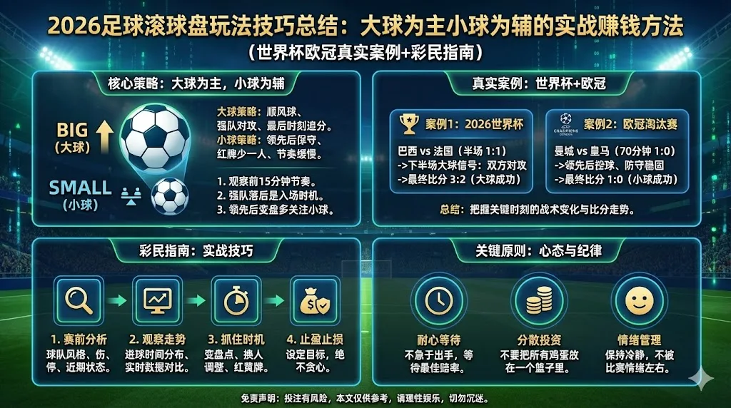 2026足球滚球盘玩法技巧总结:大球为主小球为辅的实战赚钱方法(世界杯欧冠真实案例+彩民指南)