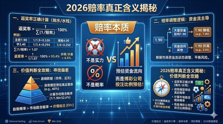 2026赔率真正含义揭秘：不是概率、不是实力，而是博彩公司投注比例预估！返奖率正确计算+赔率调整逻辑+价值判断全攻略