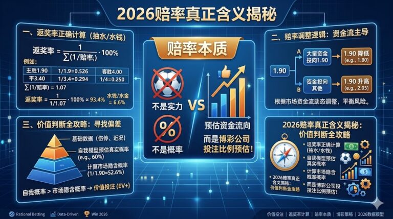 2026赔率真正含义揭秘：不是概率、不是实力，而是博彩公司投注比例预估！返奖率正确计算+赔率调整逻辑+价值判断全攻略