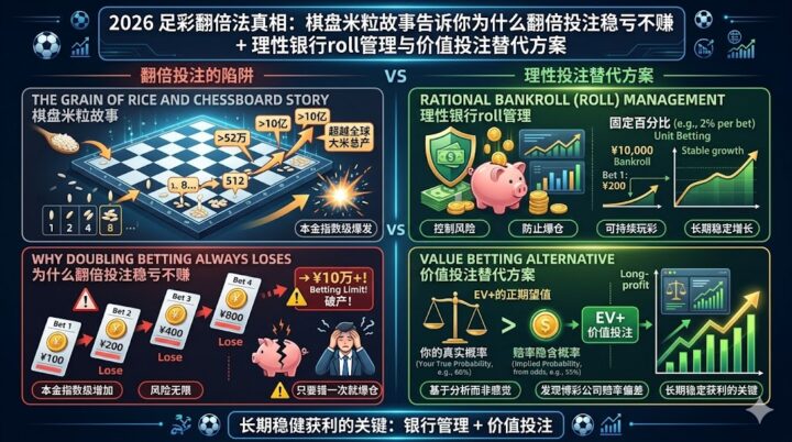 2026足彩翻倍法真相：棋盘米粒故事告诉你为什么翻倍投注稳亏不赚 + 理性银行roll管理与价值投注替代方案