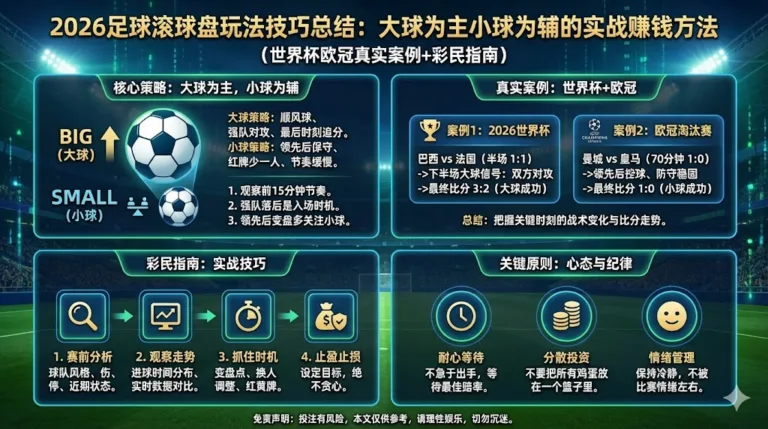 2026足球滚球盘玩法技巧总结：大球为主小球为辅的实战赚钱方法（世界杯欧冠真实案例+彩民指南）
