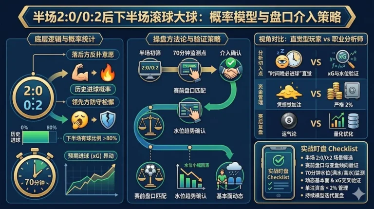 半场2:0/0:2后下半场滚球大球：概率模型与盘口介入策略