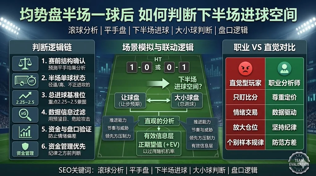 均势盘半场一球后如何判断下半场进球空间
