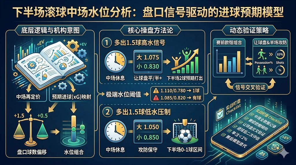 下半场滚球中场水位分析：盘口信号驱动的进球预期模型