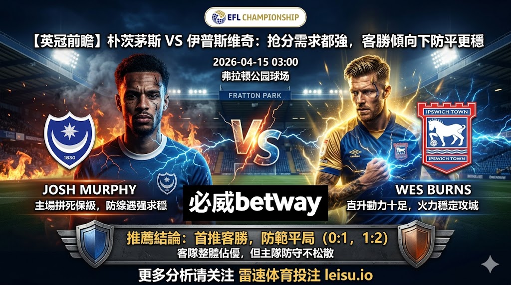 【英冠前瞻】：朴茨茅斯 vs 伊普斯维奇｜抢分需求都强，客胜倾向下防平更稳