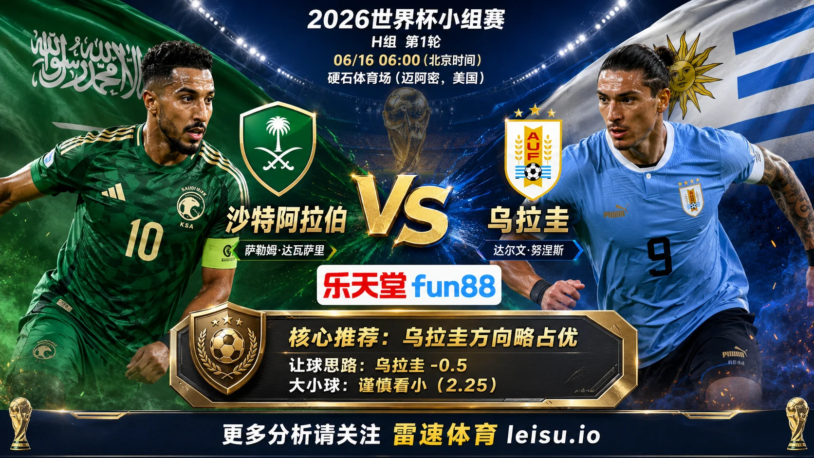 2026世界杯小组赛H组第1轮分析:沙特阿拉伯 vs 乌拉圭|乌拉圭方向略占优,让球成败看节奏控制