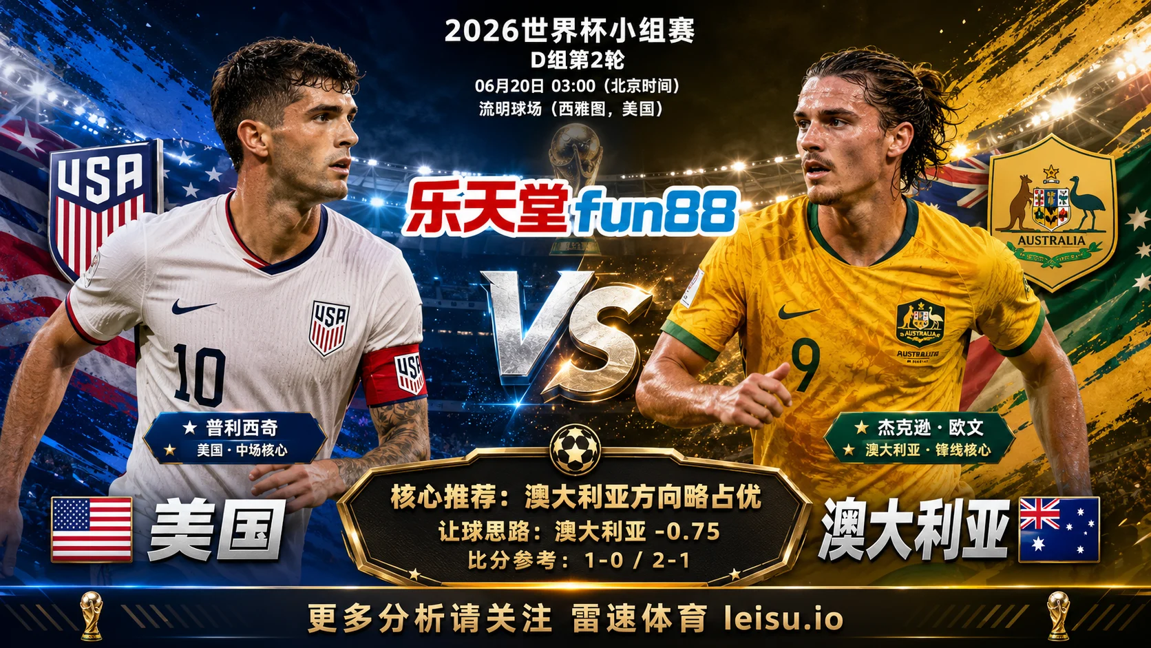 2026世界杯小组赛D组第2轮分析：美国 vs 澳大利亚｜澳大利亚方向略占优，让球成败看节奏控制
