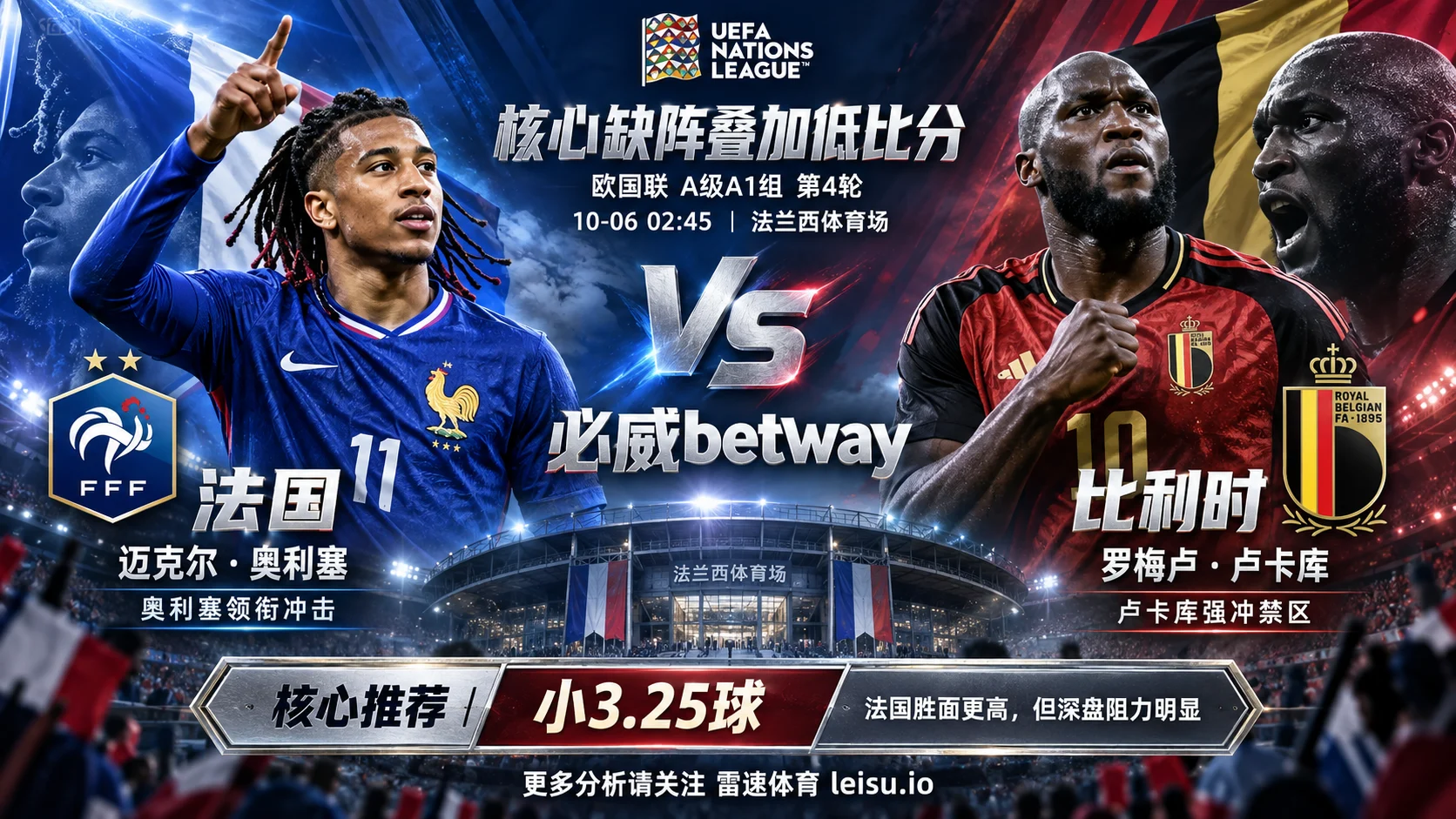 法国vs比利时:核心缺阵叠加低比分,小3.25球成主线